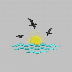 Sea Sunset Embroidery Design, Summer Beach Embroidery File, Ocean Embroidery machine files, Sun and seagulles, Instant Download, 4 Sizes
