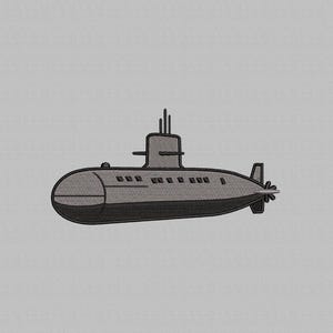 May include: A detailed illustration of a submarine in shades of gray and black. The submarine features a rounded hull, a conning tower with vertical antennas, and a propeller at the rear. The design is a simple, yet effective, representation of a submarine.