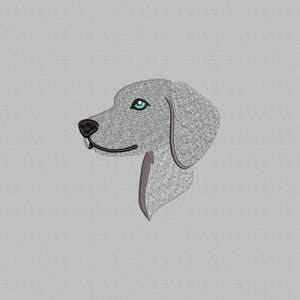 May include: Embroidered image of a dog's head in profile. The dog has gray fur, a black nose, and a teal eye. The image is stitched on a light gray background. The dog's ear and neck are outlined in a darker gray.
