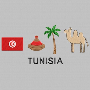 May include: An embroidered design featuring the flag of Tunisia, a tagine, a palm tree, and a camel. The word "TUNISIA" is displayed in black block letters below the images. The design is on a light gray background.