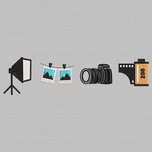 Może przedstawiać: Zestaw pięciu czarnych haftów przedstawiających sprzęt fotograficzny, w tym aparat, film, lampę błyskową i dwa zdjęcia.
