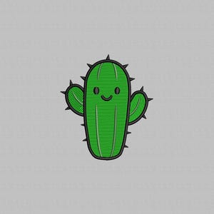 Puede incluir: Un cactus verde con una cara sonriente y contornos negros. El cactus tiene pequeños brazos y espinas.