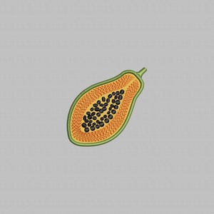 May include: An embroidered design of a papaya fruit, cut in half. The papaya has a green rind with a yellow-orange interior filled with black seeds. The design is on a light grey background.