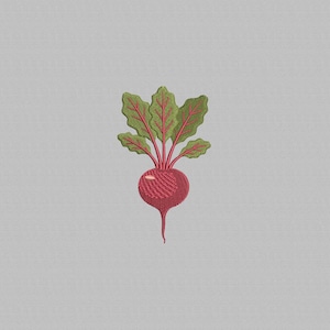 May include: Embroidered image of a beet with green leaves and red veins. The beet is a deep red color with a textured surface. The leaves are green with red veins, and the background is a light gray.