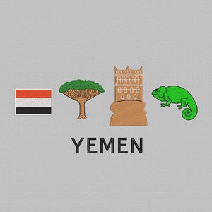 May include: A graphic illustration of a Yemeni flag, a tree, a building, and a chameleon. The text "YEMEN" is below the illustration.