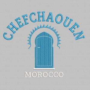 May include: Blue and white embroidered design of a door with an archway and the text "CHEFCHAOUEN MOROCCO".