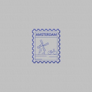 May include: A blue embroidered stamp featuring the word "AMSTERDAM" at the top. The stamp design includes a windmill and a bicycle, both in a minimalist style. The stamp has a scalloped edge.