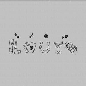 May include: Embroidered design featuring a cowboy boot, playing cards, a horseshoe, a martini glass, and dice. Additional elements include musical notes, hearts, and stars. The design is in black and white.