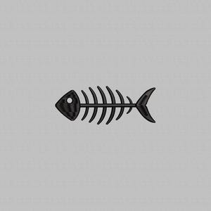 May include: Black fish skeleton embroidery on a light gray background. The fish skeleton is a simple, stylized design with a head, ribs, and tail. The embroidery is detailed and creates a textured effect.
