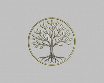 May include: A detailed embroidery of a tree within a gold-colored circular frame. The tree features a gray trunk and roots, with light green leaves. The design is centered on a light gray background.