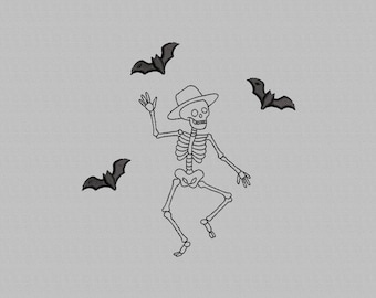 Disegno per ricamo di uno scheletro danzante per Halloween (file digitale)
