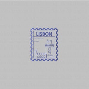 May include: A blue postage stamp design featuring the city name "LISBON" at the top. The stamp depicts a stylized illustration of a building with towers and arches, likely a landmark. The stamp has a scalloped edge.