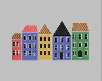 Diseño de bordado de casas de Copenhague, Dinamarca (Descarga digital)