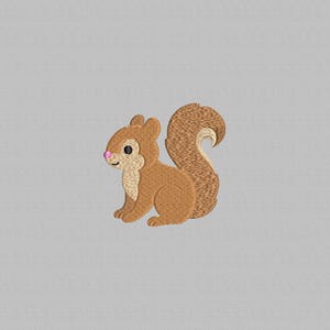 May include: Embroidered image of a cartoon squirrel in shades of brown, tan, and cream. The squirrel has a fluffy tail, a pink nose, and black eyes. The squirrel is sitting on a gray background.