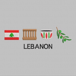Op de afbeelding: Geborduurd ontwerp met de Libanese vlag, oude zuilen, een traditionele koffiekop en een olijftak. Het woord "LEBANON" wordt in zwarte tekst onder de afbeeldingen weergegeven. Het ontwerp staat op een grijze achtergrond.