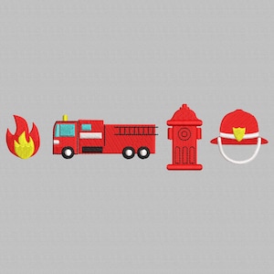 May include: Embroidered design featuring a red fire truck, fire hydrant, firefighter helmet, and a flame. The fire truck has a ladder and black wheels. The helmet has a yellow shield. The flame is red and yellow.