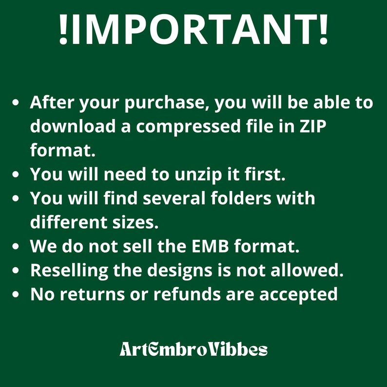May include: A green background with white text that reads "!IMPORTANT!". Bullet points detail instructions for downloading and using a compressed file, including unzipping and file format information. The text "Artembro Vibbes" is at the bottom.