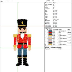 May include: A colorful embroidery design of a Nutcracker soldier. The design features a red jacket, black boots, and a black hat with gold accents. The Nutcracker has a white mustache and a detailed face.