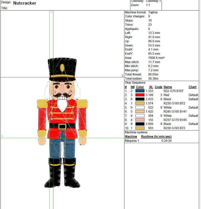 May include: A colorful embroidery design of a Nutcracker soldier. The design features a red jacket, black boots, and a black hat with gold accents. The Nutcracker has a white mustache and a detailed face.