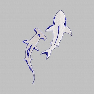 Puede incluir: Un tiburón martillo blanco y un tiburón blanco nadando en direcciones opuestas. Ambos tiburones están delineados en azul.