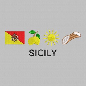 May include: Embroidered design featuring the Sicilian flag, lemons, a sun, and a cannoli. The word "SICILY" is embroidered in black block letters below the images. The design is on a light gray background.