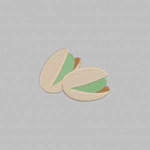 May include: Two embroidered pistachio nuts, one partially open, revealing a vibrant green interior. The shells are beige with a textured appearance, and the background is a solid light gray.