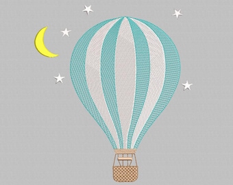 Hot Air Balloon Embroidery Design, Stars and Moon Pattern (Instant Download)