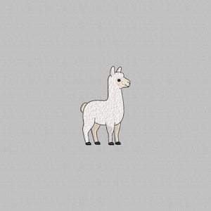 May include: An embroidered design of a white llama with tan legs and a small tail, standing on a gray background. The llama is facing right, with a detailed texture and black outlines.