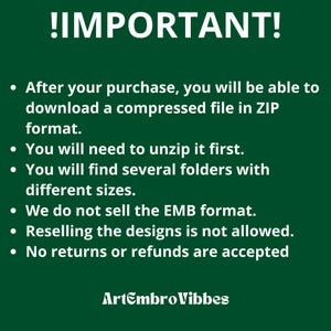 May include: A green background with white text that reads "!IMPORTANT!". Bullet points detail instructions for downloading and using a compressed file, including unzipping and file format information. The text "Artembro Vibbes" is at the bottom.