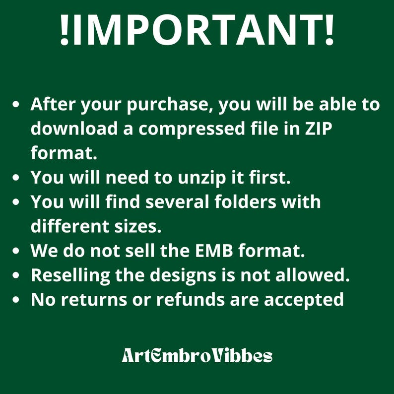 May include: A green background with white text that reads "!IMPORTANT!". Bullet points detail instructions for downloading and using a compressed file, including unzipping and file format information. The text "Artembro Vibbes" is at the bottom.