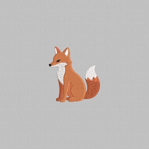 May include: An embroidered fox design in shades of orange, white, and black, sitting upright with its tail curled. The fox has a white chest and tail tip, set against a gray background. The design is likely for apparel or home decor.