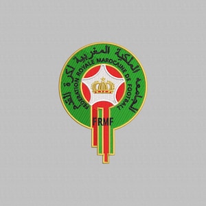 May include: Embroidered patch featuring the Moroccan Royal Football Federation emblem. The design includes a green circle with Arabic text, a white star, a gold crown, and red and green vertical stripes. The letters FRMF are at the bottom.