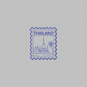 May include: A blue embroidered stamp featuring Thai architecture and a palm tree. The word "THAILAND" is at the top. The stamp has a serrated edge and is set against a light gray background.