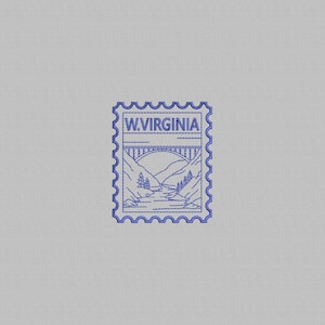 May include: A blue embroidered postage stamp featuring a scenic landscape with mountains, a river, and a bridge. The text "W.VIRGINIA" is at the top. The stamp has a scalloped edge and is set against a light gray background.