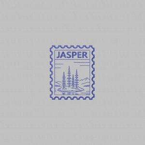May include: A blue embroidered patch featuring a postage stamp design with a scalloped edge. The design includes the text JASPER at the top, with a landscape illustration of three pine trees on an island surrounded by water and mountains.