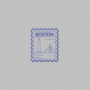 May include: A blue postage stamp design featuring the city name "BOSTON" at the top. The stamp depicts a tall monument and a suspension bridge. The stamp has a serrated edge and is set against a light gray background.