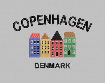 Diseño de bordado de casas de Copenhague, Dinamarca (Descarga digital)
