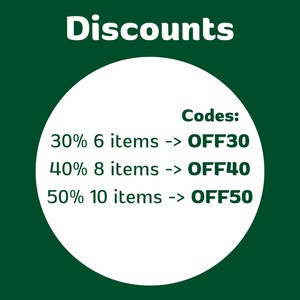 May include: A green background with the white text "Discounts" at the top. A white circle in the center lists discount codes: 30% off 6 items (OFF30), 40% off 8 items (OFF40), and 50% off 10 items (OFF50).