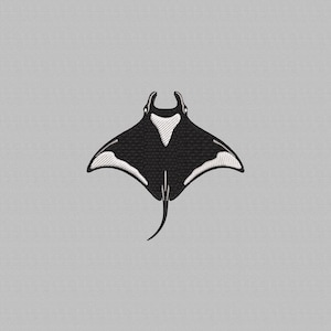 May include: An embroidered design of a manta ray in black and white. The manta ray features a white triangular pattern on its back and white detailing on the wing edges. The background is a plain light grey.