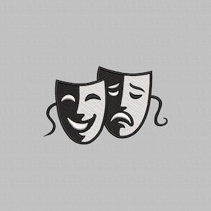 May include: An embroidered design featuring two theatrical masks: a smiling mask and a sad mask. The masks are black and white, with curved lines and details. The background is a solid light gray.