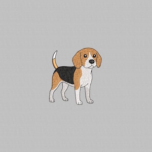 May include: Embroidered beagle dog design. The dog has a brown and white head, ears, and tail tip. The body is black, brown, and white. The beagle is standing on a gray background.