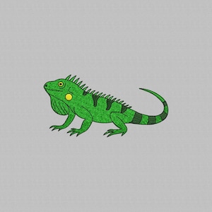 May include: A green iguana illustration with black stripes and a yellow spot on its neck. The iguana is depicted in a side profile, with its tail curved. The background is a solid light gray.