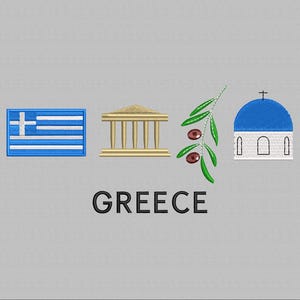 Puede incluir: Un diseño gráfico con una bandera griega azul y blanca, un edificio blanco con una cúpula azul, una rama de olivo con aceitunas y un edificio dorado con columnas. El texto "GREECE" está debajo de las imágenes.