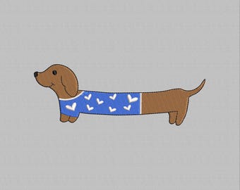 Dachshund Dog Embroidery Design with Hearts (Instant Download)