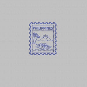 May include: A blue embroidered stamp featuring the word "PHILIPPINES". The stamp design includes a boat, palm trees, a mountain, and a sun. The stamp has a scalloped edge and is set against a gray background.