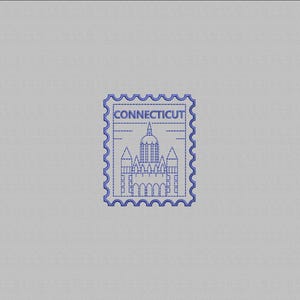 May include: A blue postage stamp design with the word "CONNECTICUT" at the top. The stamp shows a detailed illustration of a building with a central dome and multiple spires, set against a textured grey background.