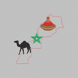 Peut inclure: Une broderie représentant un chameau noir, une étoile verte et un tajine marron et rouge, le tout sur un contour de la carte du Maroc. Le contour de la carte est rouge.