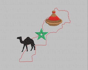 Morocco Map Embroidery Design, Moroccan Tajine and Camel Digital File, (Instant Download) 4 Sizes