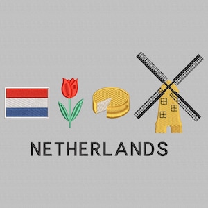 Könnte beinhalten: Gesticktes Design mit der niederländischen Flagge, einer roten Tulpe, einem Käserad mit einem Stück und einer gelben Windmühle mit schwarzen Flügeln. Das Wort "NETHERLANDS" ist darunter gestickt.