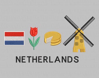 Netherlands Embroidery Design, Flag, Tulip, Windmill (DigitalFile)